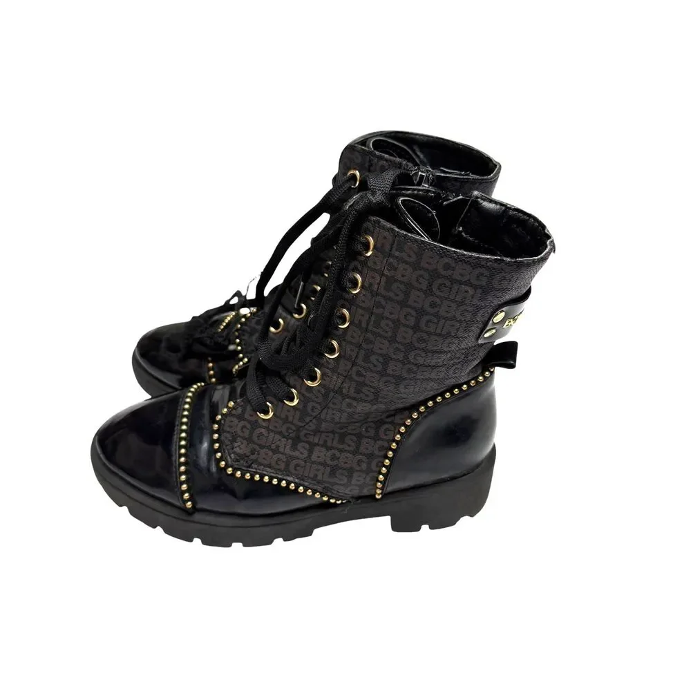 BCBG Girls Combat Boots Faux Leather Logo Stud Lace Up Lug Sole Big Girl 1